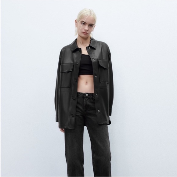 Zara Oversized Black Leather Shirt Jacket - Picture 1 of 4